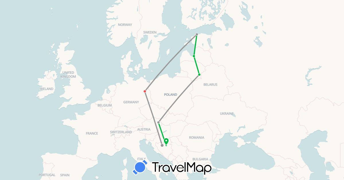 TravelMap itinerary: driving, bus, plane, hiking in Austria, Bosnia and Herzegovina, Germany, Estonia, Lithuania, Latvia (Europe)